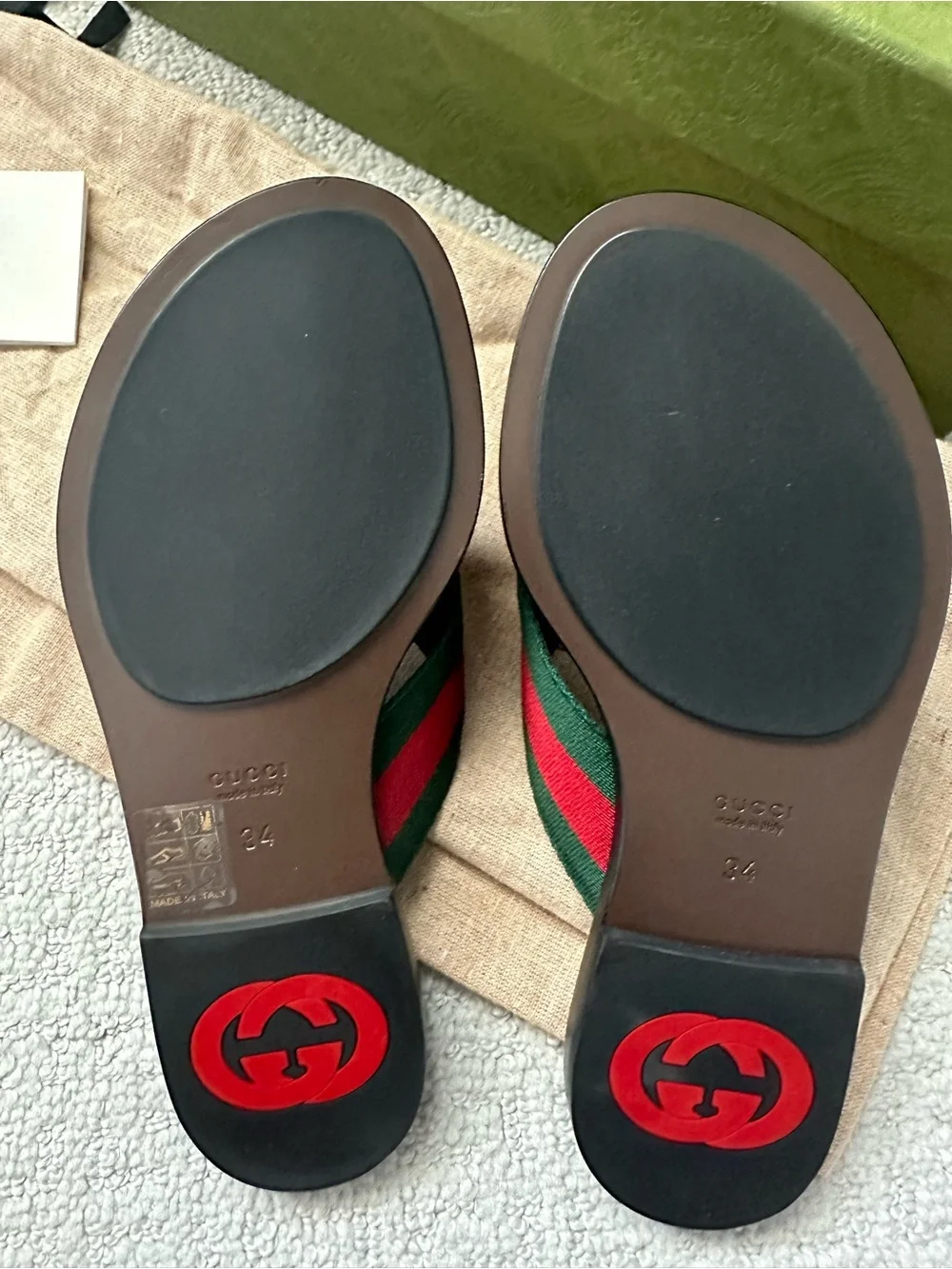 Gucci Green & Red Web Leather GG Logo Thong Sandals
